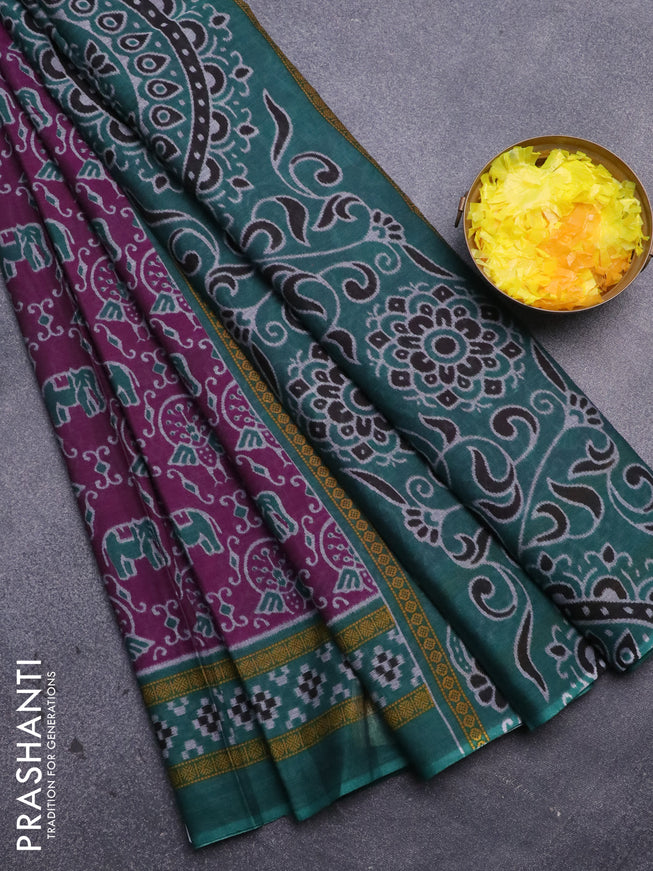 Muslin cotton saree deep purple and teal green with allover ikat prints and printed border