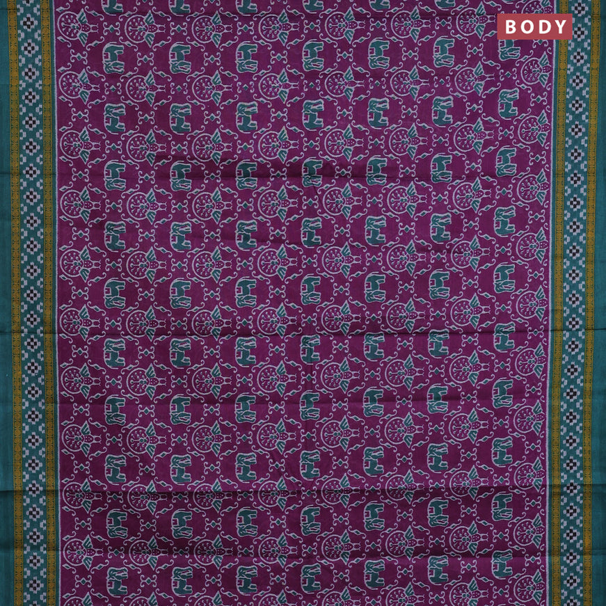 Muslin cotton saree deep purple and teal green with allover ikat prints and printed border