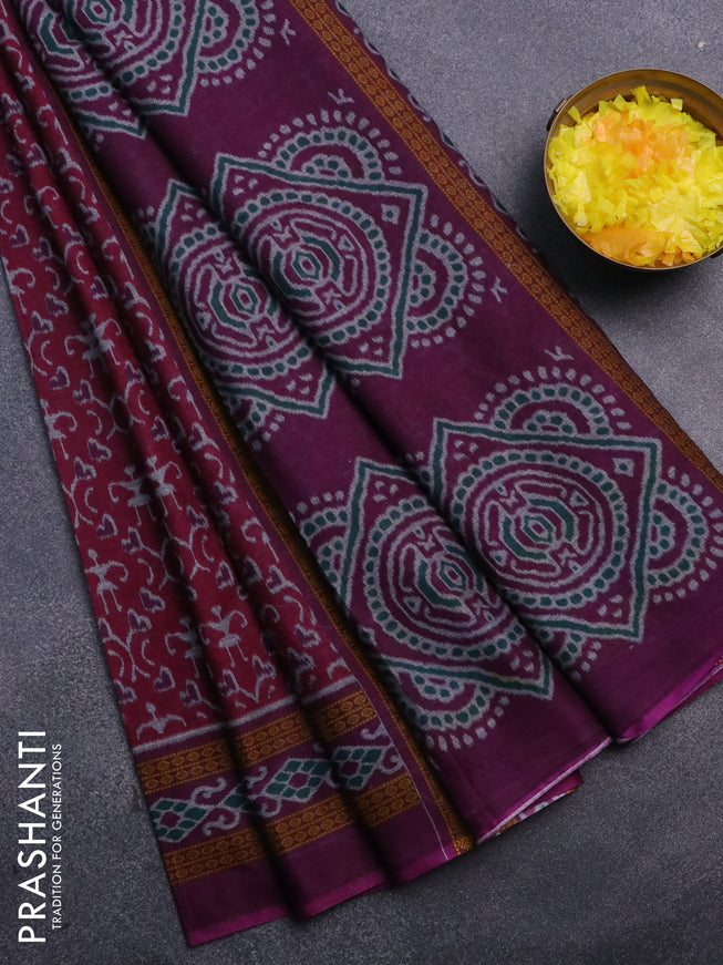 Muslin cotton saree magenta pink and purple with allover ikat prints and printed border