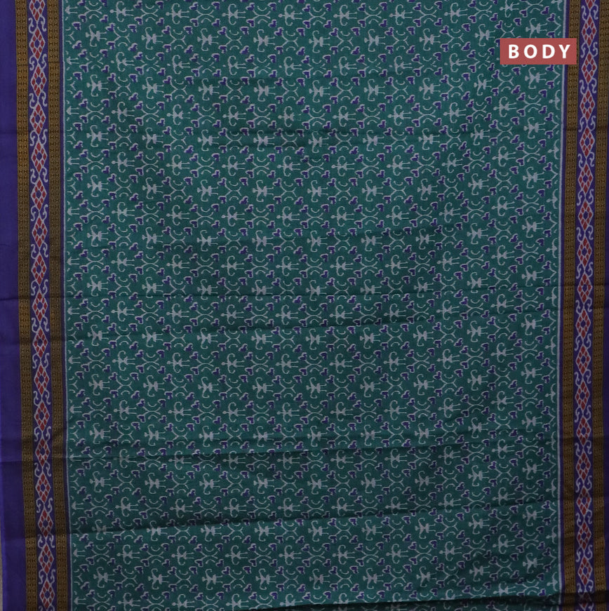 Muslin cotton saree peacock green and blue with allover ikat prints and printed border