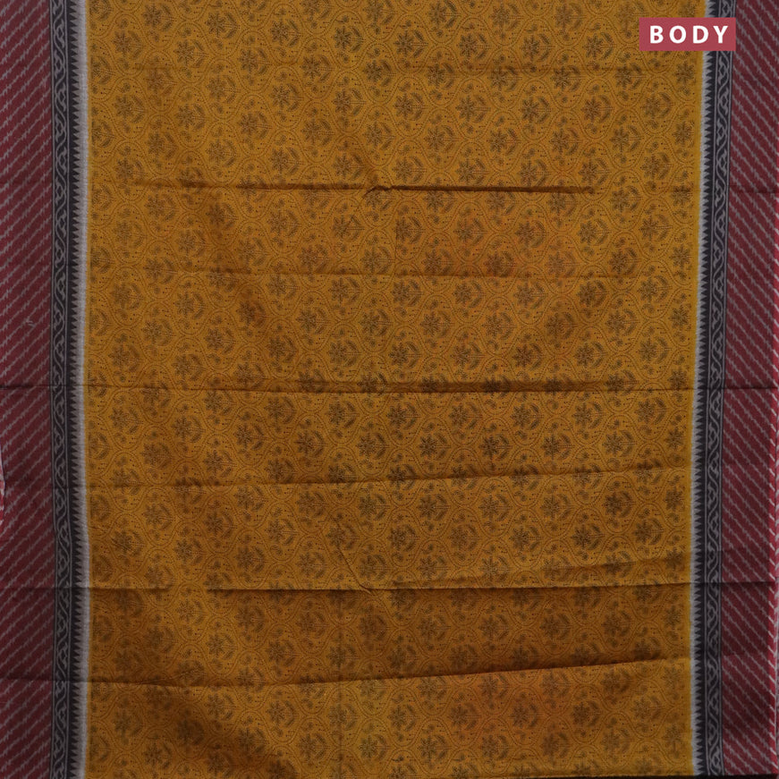 Muslin cotton saree mustard yellow and maroon with allover prints and printed border