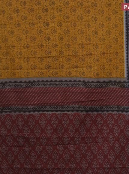 Muslin cotton saree mustard yellow and maroon with allover prints and printed border