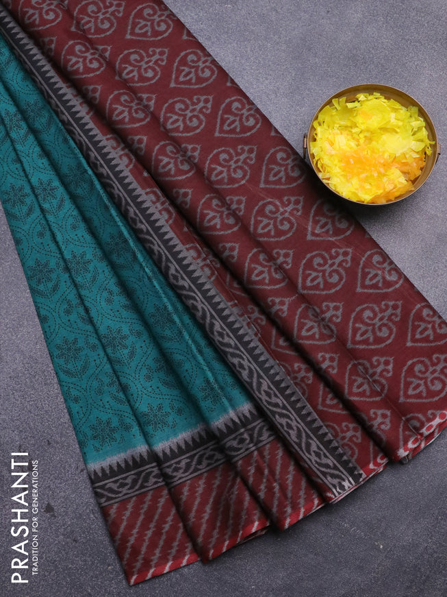 Muslin cotton saree teal green and maroon with allover prints and printed border