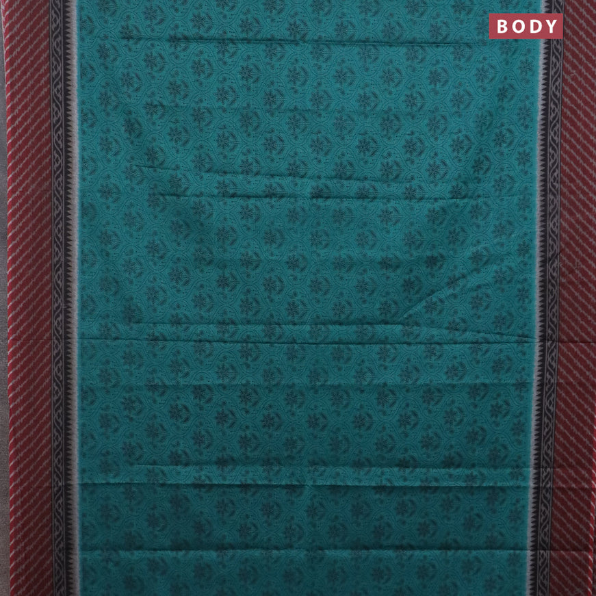 Muslin cotton saree teal green and maroon with allover prints and printed border