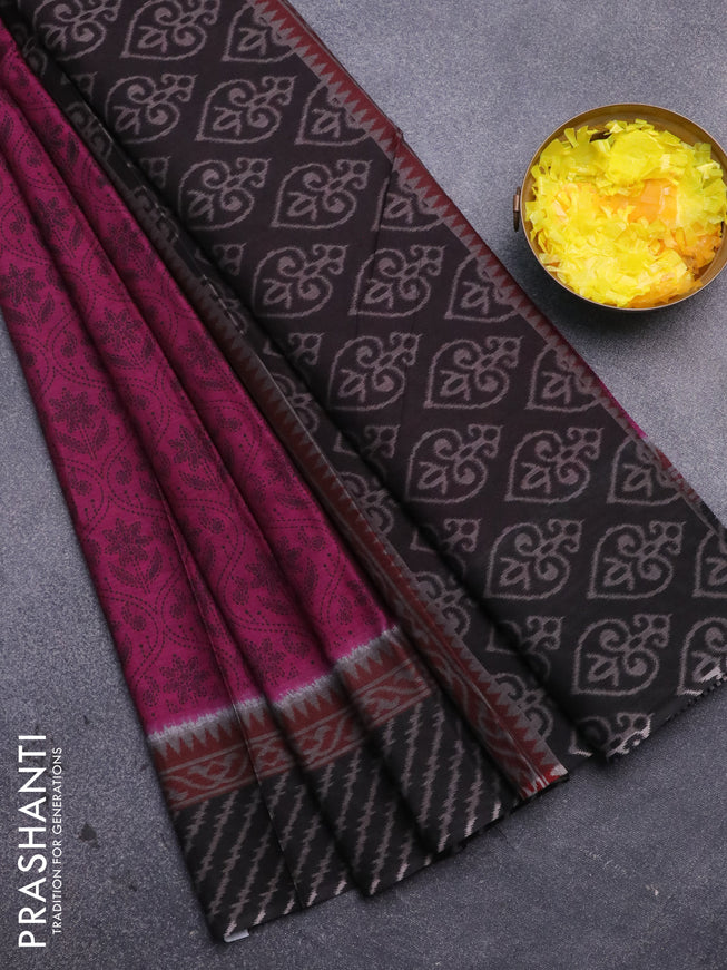 Muslin cotton saree purple and black with allover prints and printed border