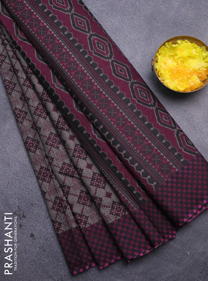 Muslin cotton saree grey and purple with allover ikat prints and printed border