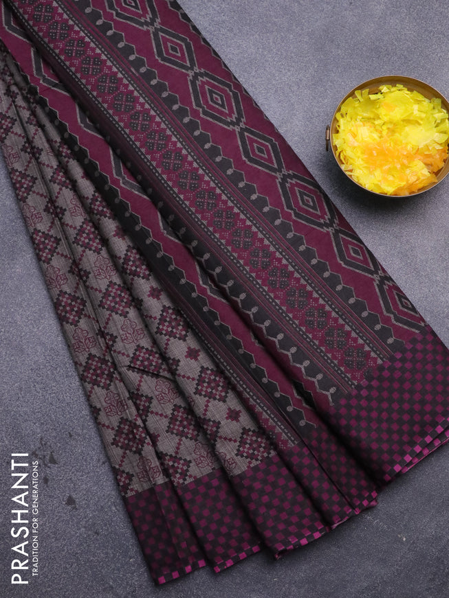 Muslin cotton saree grey and purple with allover ikat prints and printed border