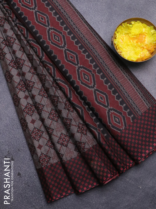 Muslin cotton saree grey and maroon with allover ikat prints and printed border