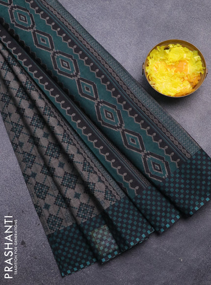 Muslin cotton saree grey and green with allover ikat prints and printed border