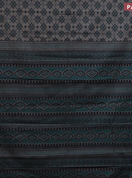 Muslin cotton saree grey and green with allover ikat prints and printed border