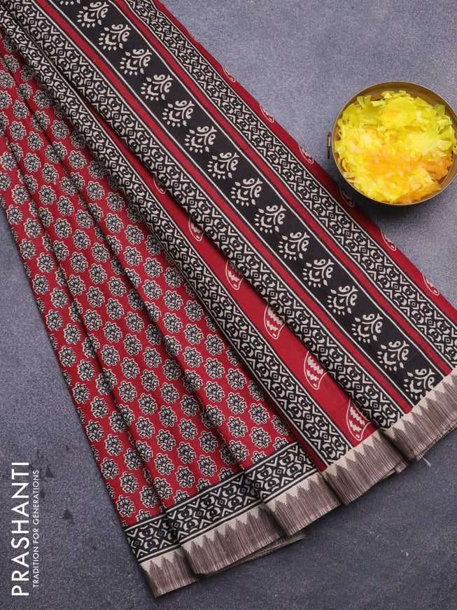 Muslin cotton saree maroon and beige with allover floral butta prints and printed border