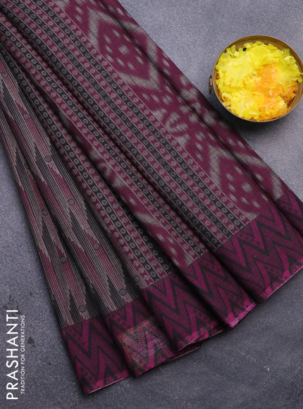 Muslin cotton saree grey and purple with allover prints and printed border