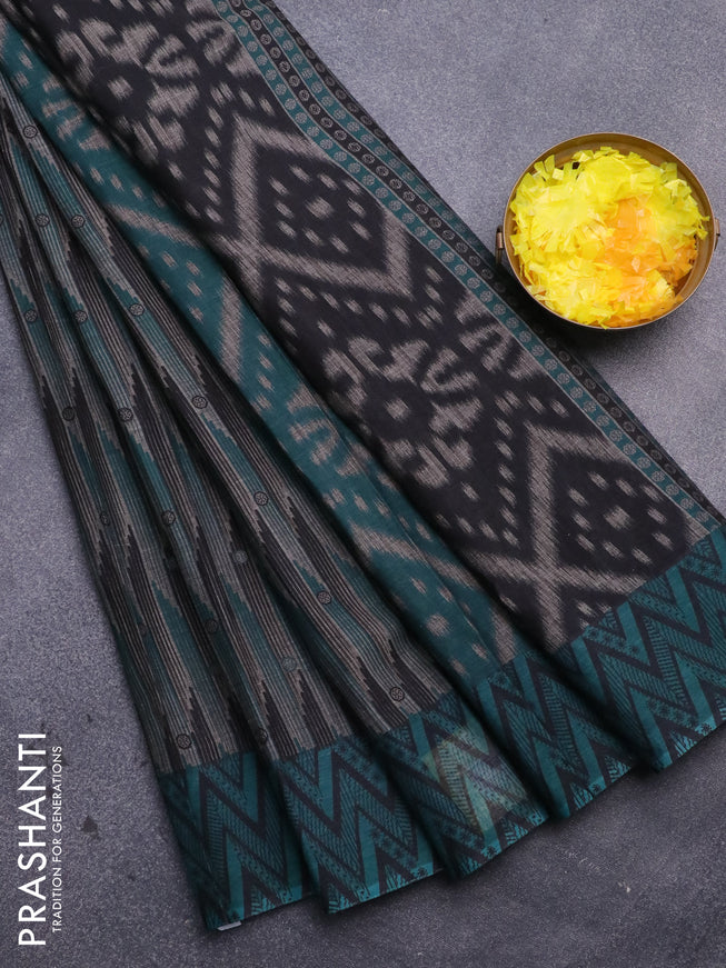 Muslin cotton saree grey and teal green with allover prints and printed border