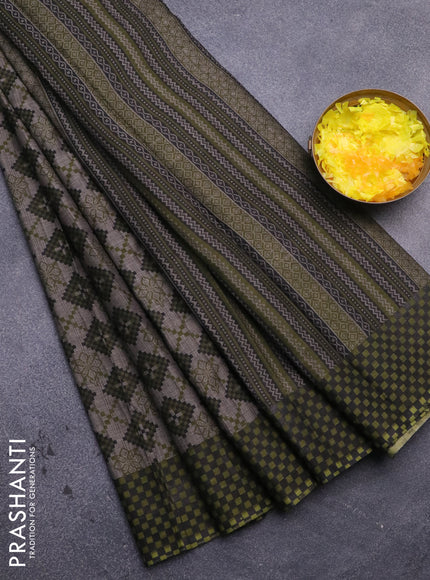 Muslin cotton saree grey and sap green with allover ikat prints and printed border