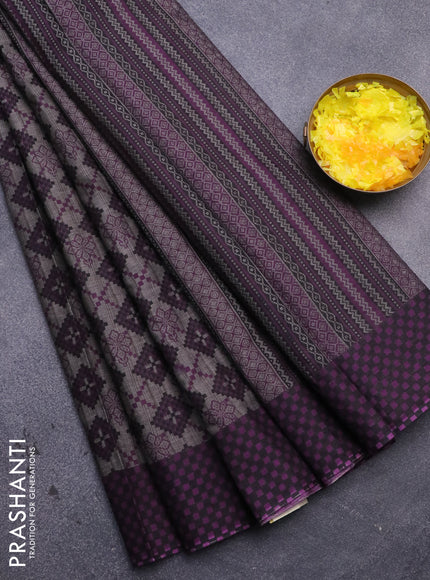 Muslin cotton saree grey and purple with allover ikat prints and printed border