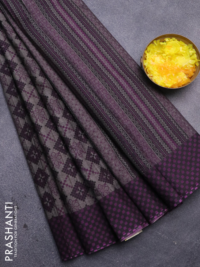 Muslin cotton saree grey and purple with allover ikat prints and printed border