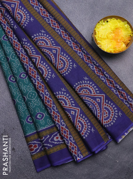 Muslin cotton saree teal green and blue with allover prints and printed border