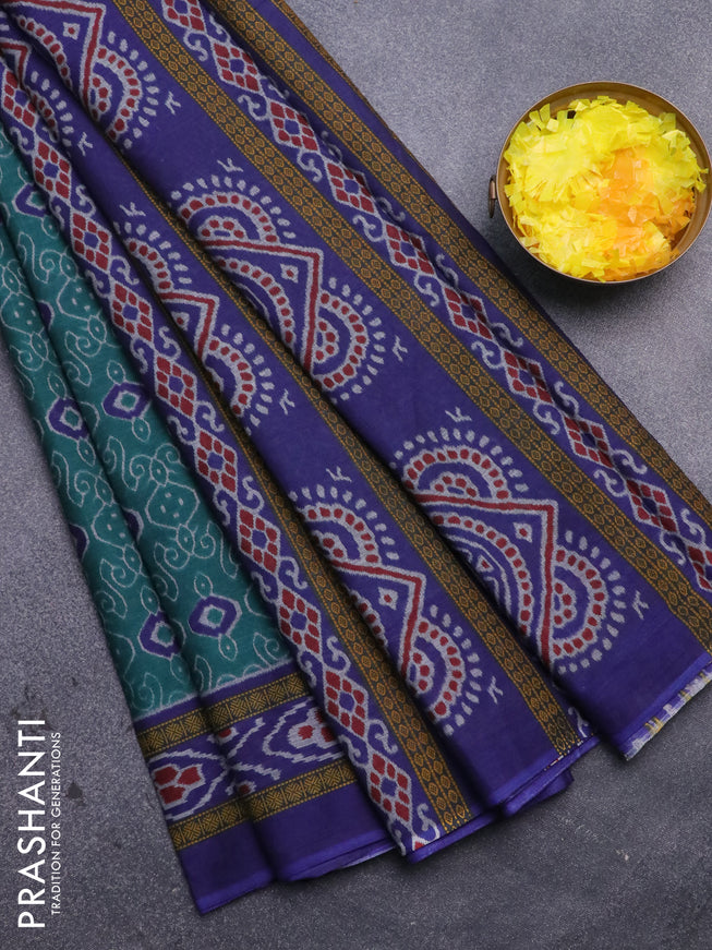 Muslin cotton saree teal green and blue with allover prints and printed border