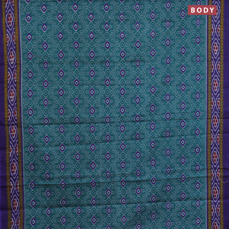 Muslin cotton saree teal green and blue with allover prints and printed border