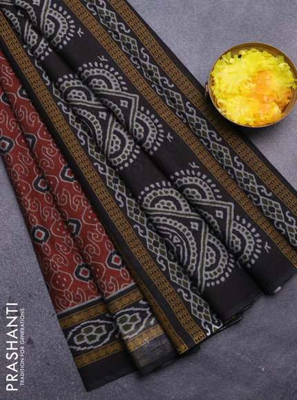 Muslin cotton saree rust shade and black with allover prints and printed border