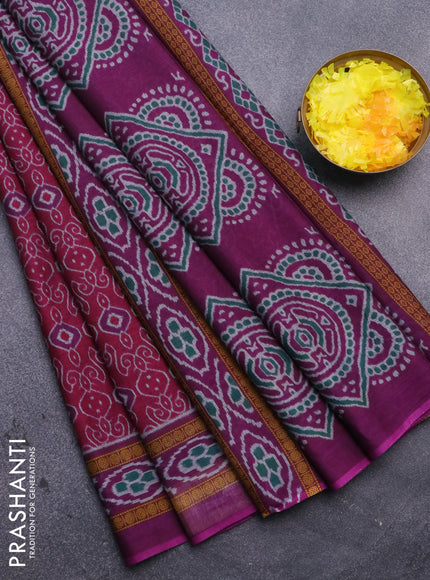 Muslin cotton saree magenta pink and purple with allover prints and printed border