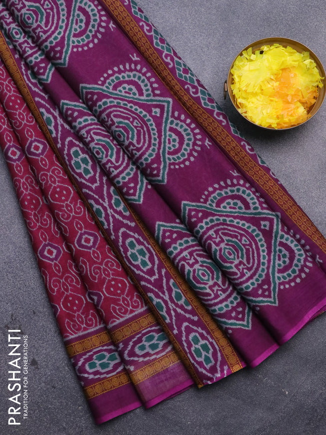 Muslin cotton saree magenta pink and purple with allover prints and printed border