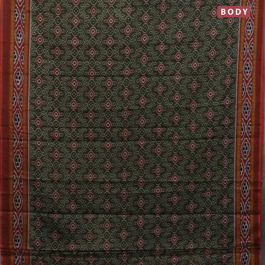 Muslin cotton saree sap green and rust shade with allover prints and printed border