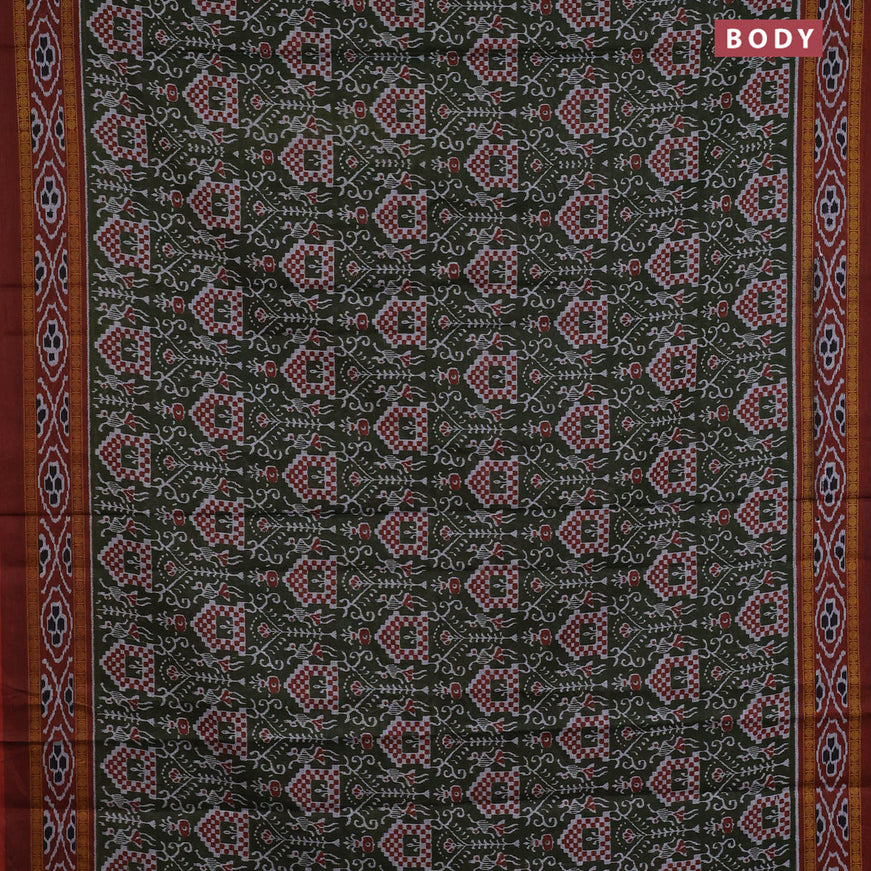 Muslin cotton saree sap green and rust shade with allover ikat prints and printed border