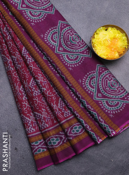 Muslin cotton saree magenta pink and purple with allover ikat prints and printed border