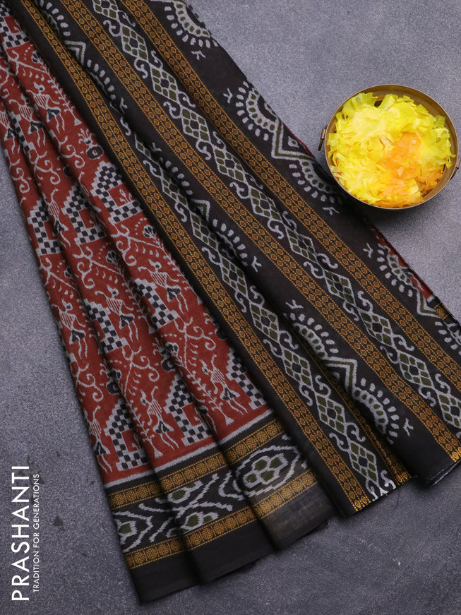 Muslin cotton saree maroon and black with allover ikat prints and printed border