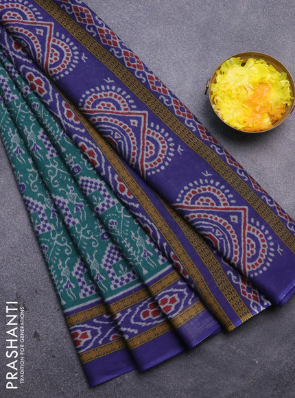 Muslin cotton saree peacock green and blue with allover ikat prints and printed border