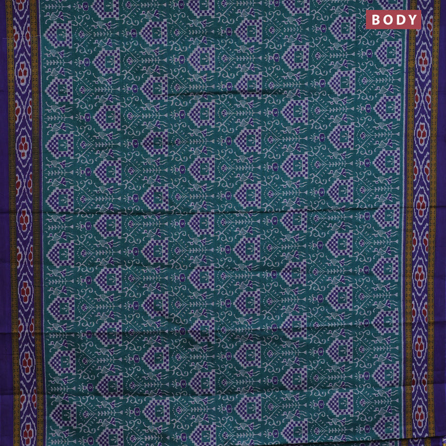 Muslin cotton saree peacock green and blue with allover ikat prints and printed border