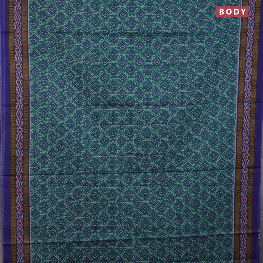 Muslin cotton saree peacock green and blue with allover ikat prints and printed border