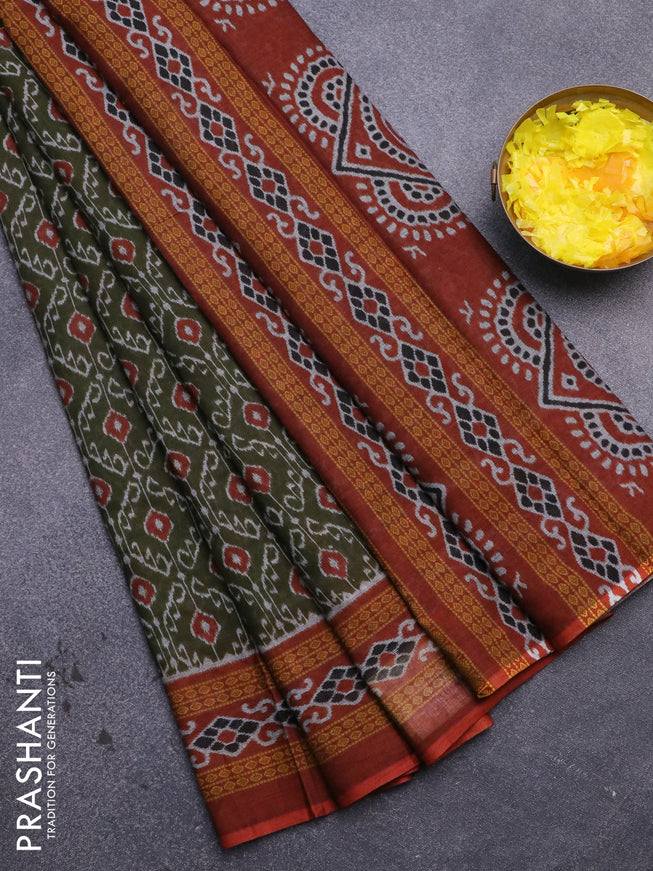 Muslin cotton saree sap green and rust shade with allover ikat prints and printed border