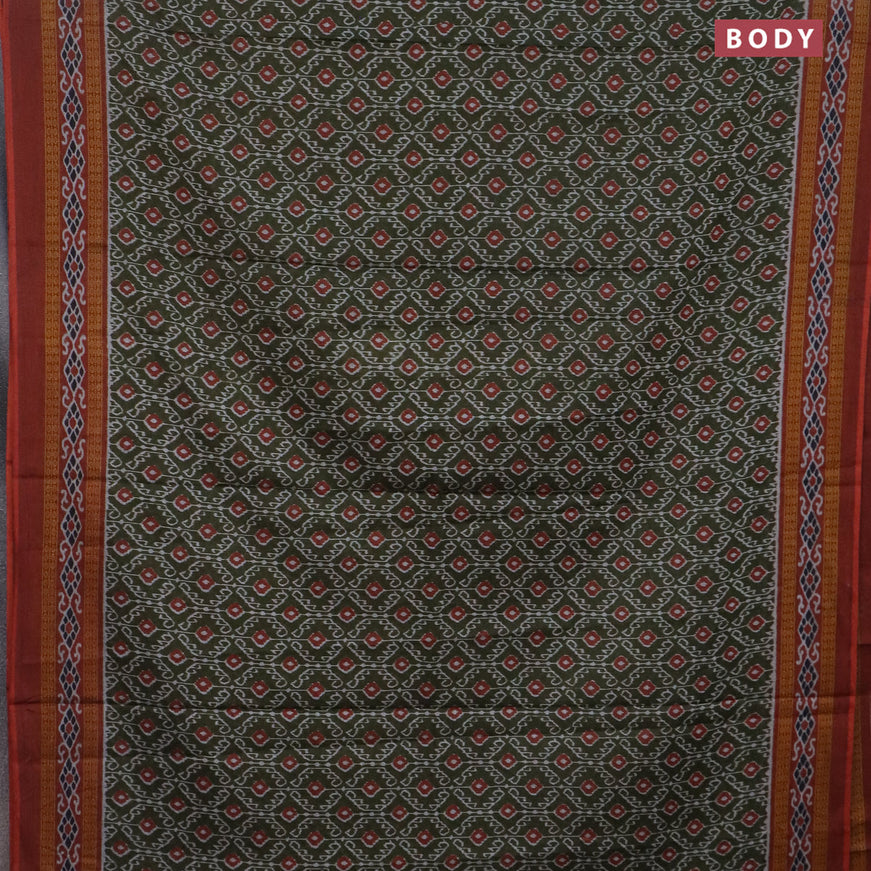 Muslin cotton saree sap green and rust shade with allover ikat prints and printed border