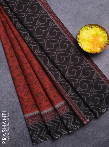 Muslin cotton saree rust shade and black with allover prints and printed border