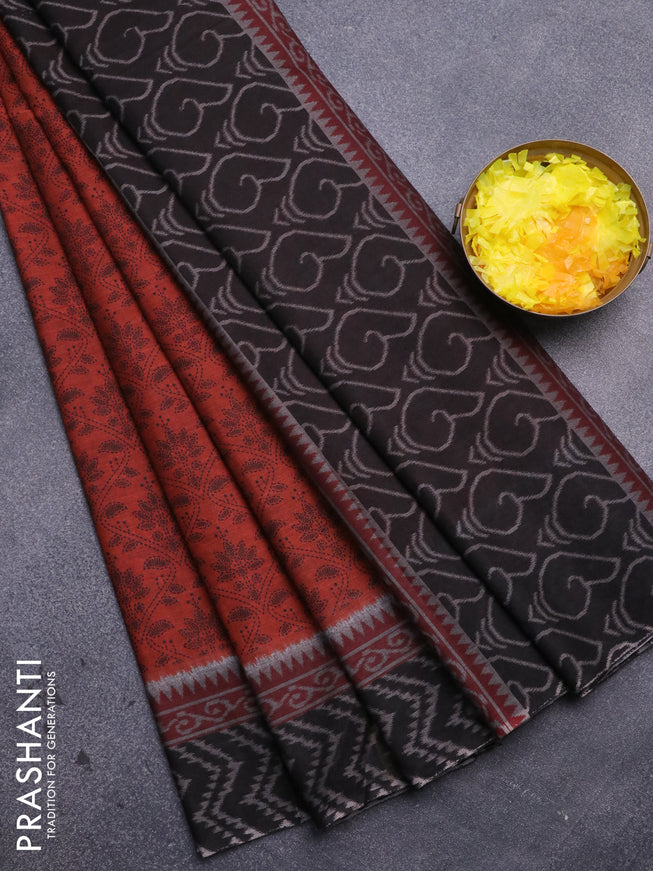 Muslin cotton saree rust shade and black with allover prints and printed border