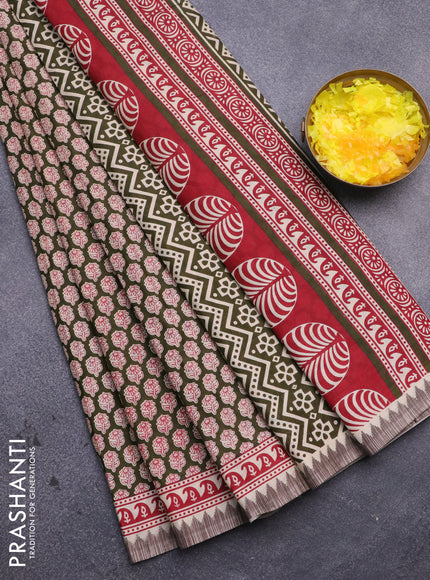 Muslin cotton saree sap green and beige with allover butta prints and printed border