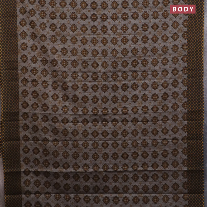 Muslin cotton saree grey and mustard shade with allover ikat prints and printed border