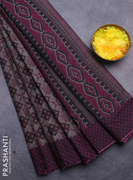 Muslin cotton saree grey and purple with allover ikat prints and printed border