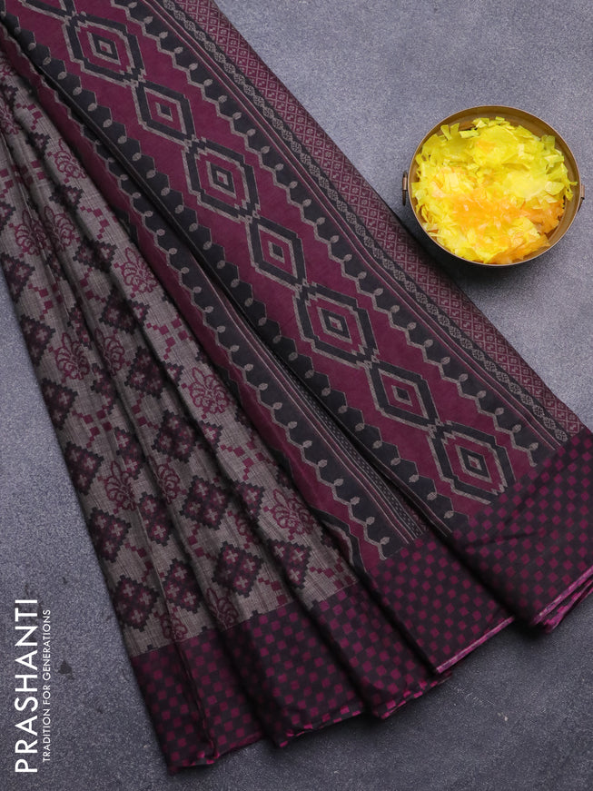 Muslin cotton saree grey and purple with allover ikat prints and printed border