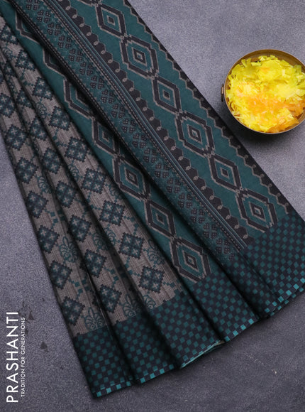 Muslin cotton saree grey and green with allover ikat prints and printed border