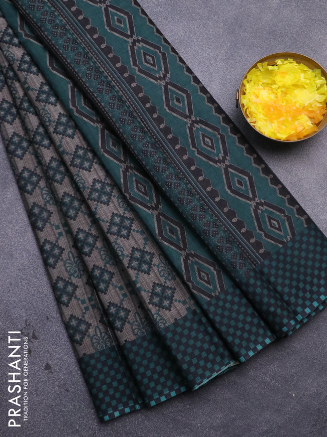 Muslin cotton saree grey and green with allover ikat prints and printed border