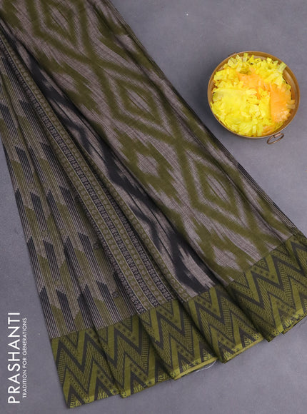 Muslin cotton saree grey and sap green with allover ikat prints and printed border