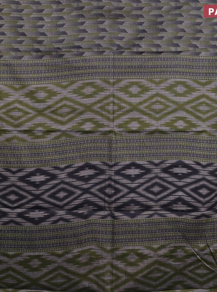 Muslin cotton saree grey and sap green with allover ikat prints and printed border