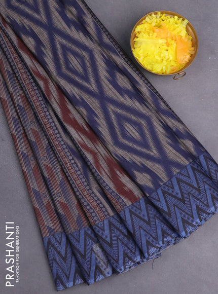 Muslin cotton saree grey and blue with allover ikat prints and printed border