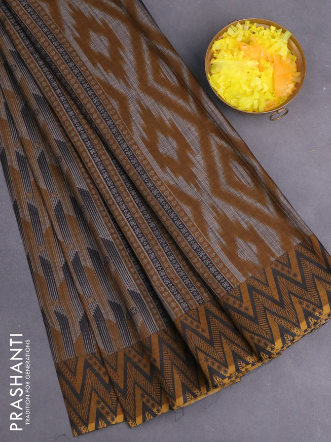 Muslin cotton saree grey and mustard with allover ikat prints and printed border