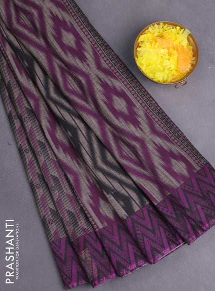 Muslin cotton saree grey and purple with allover ikat prints and printed border