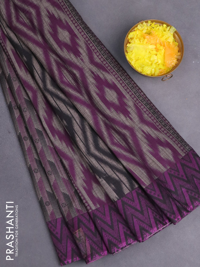 Muslin cotton saree grey and purple with allover ikat prints and printed border