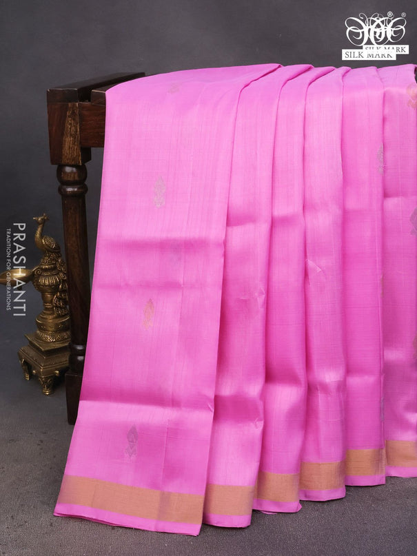 Pure uppada silk saree pink with silver & gold zari woven buttas and zari woven border